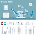 Dentist's office and dental treatment tool kit vector illustration in a flat design Royalty Free Stock Photo