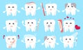 Dentistry banner on blue background. Cute tooth sick and healthy.