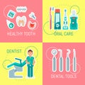 Dentistry banner vector illustration. Dental clinic, oral care with brush, paste, mouse wash. Set of dental tools and