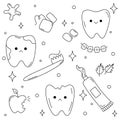 Dentistry doodle set of icons Children dental care. Cute tooth character set with different emotions. Toothbrush