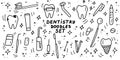 Dentistry doodles icon set. Hand drawn lines stomatology, dental, odontology cartoon collection. Teeth, dentures, orthodontic, Royalty Free Stock Photo