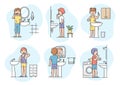 Dentistry And Health Care Concept. Set Of Characters Boys And Girls Cleaning Teeth With Toothbrush In Bathroom. Oral