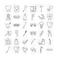 Dentistry and orthodontics line icon set. Thin linear signs for dentistry clinic. Dental care equipment, braces, veneers, caries Royalty Free Stock Photo