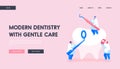 Dentistry People Working for Dental Care Teeth Landing Page Template. Tiny Dentists Characters Checking Tooth