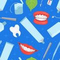Dentistry Seamless Pattern with Dental Instruments and White Healthy Teeth, Design Element Can Be Used for Website