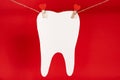 Dentistry and Valentine's Day - a large white tooth suspended on a string with clothespins with hearts on a red