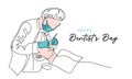 Dentists day simple vector illustration with doctor and patient. One continuous line art drawing background, banner