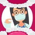 Dentists hold dental examination tools Oral examination of the patient`s perspective with cartoon characters