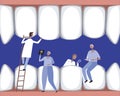 Dentists and orthodontists around a big tooth or teeth as a treatment concept in a dental clinic, flat vector stock illustration