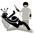 Dentophobia. Man scared at dentist visit. Guy sitting in the dentist`s chair and screaming. Patient At Dentist Office.