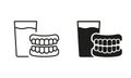 Denture with Glass of Water Silhouette and Line Icon Set. Human False Tooth. Medical Dental Prosthetic, Artificial Tooth