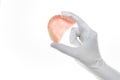 Denture and handglove on white background Royalty Free Stock Photo