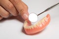 Denture prosthesis in dentist hand, checking with mirror