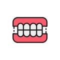 Dentures, dental prosthesis, tooth orthopedics flat color line icon.