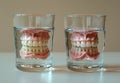 Dentures in glass of water. A glass of water with teeth inside Royalty Free Stock Photo