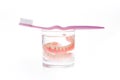 Dentures in glass of water and toothbrush