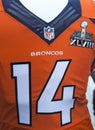 Denver Broncos team uniform with Super Bowl XLVIII logo presented during Super Bowl XLVIII week in Manhattan Royalty Free Stock Photo