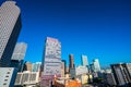 Looking up at deep blue sky and Denver Colorado Skyline Cityscape with Deep Blue Sky
