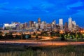 Denver skyline long exposure at twilight.