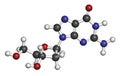 Deoxyguanosine (dG) nucleoside molecule. DNA building block. Atoms are represented as spheres with conventional color coding: