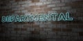 DEPARTMENTAL - Glowing Neon Sign on stonework wall - 3D rendered royalty free stock illustration