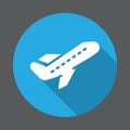 Departure, Airplane take off flat icon. Round colorful button, circular vector sign with long shadow effect. Flat style design. Royalty Free Stock Photo