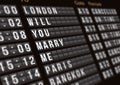 Departure flight board with surprise marriage proposal , Proposal concept