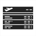 Departures board black glyph icon. Board in the airport with current status of flights. Pictogram for web page, mobile app, promo