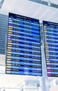 Departures display board at airport terminal showing international destinations flights to some of the world`s most popular citie