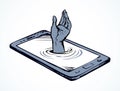 Dependence on the phone. Hand drowning in the screen. Vector drawing Royalty Free Stock Photo