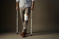 Dependent Man injured leg using crutches. Generate Ai