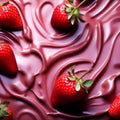 depict the contrasting textures of smooth chocolate and juicy strawberry in a close up composition