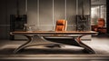 Depict an executive desk adorned with leather accents and polished wood, symbolizing authority and success