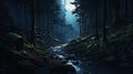 a moonlit forest with a gentle stream