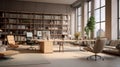 Depict an office with a neutral color palette, creating an atmosphere of calm and professionalism