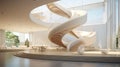 Depict an office with a sculptural staircase, a symbol of progress and upward mobility