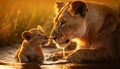 Depict a protective lioness tenderly grooming her playful lion cub Royalty Free Stock Photo