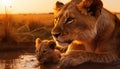 Depict a protective lioness tenderly grooming her playful lion cub Royalty Free Stock Photo