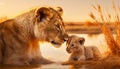Depict a protective lioness tenderly grooming her playful lion cub Royalty Free Stock Photo