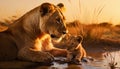 Depict a protective lioness tenderly grooming her playful lion cub Royalty Free Stock Photo