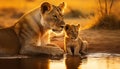 Depict a protective lioness tenderly grooming her playful lion cub Royalty Free Stock Photo