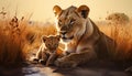 Depict a protective lioness tenderly grooming her playful lion cub Royalty Free Stock Photo