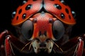 Depict the striking features of a ladybug\'s face under the microscope