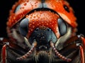 Depict the striking features of a ladybug\'s face under the microscope