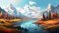 Depict a tranquil mountain lake surrounded by autumn foliage