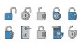 Depicted featuring a mix of padlocks and combination locks in blue and Royalty Free Stock Photo