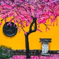 Depicting a blooming cherry tree with pink flowers. Picture with cherry blossoms. Spring flowering of cherry branches.