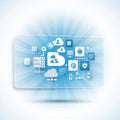 Depicting cloud computing and data network icons on a blue gradient backgroun Royalty Free Stock Photo
