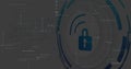 Depicting dark blue padlock icon with circular UI arcs on dark gray background, binary code streams Royalty Free Stock Photo