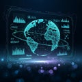 Depicting a glowing wireframe 3D globe surrounded by data panels Royalty Free Stock Photo